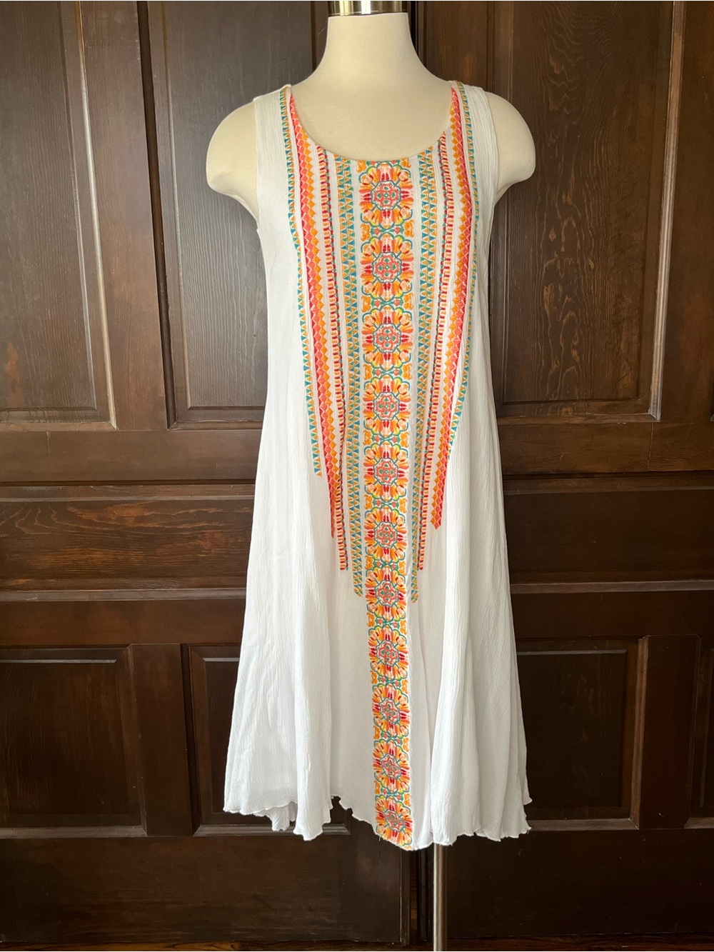 Chicos 00 Embroidered Midi Dress Sleeveless White Crinkle Lined Beach Boho XS
